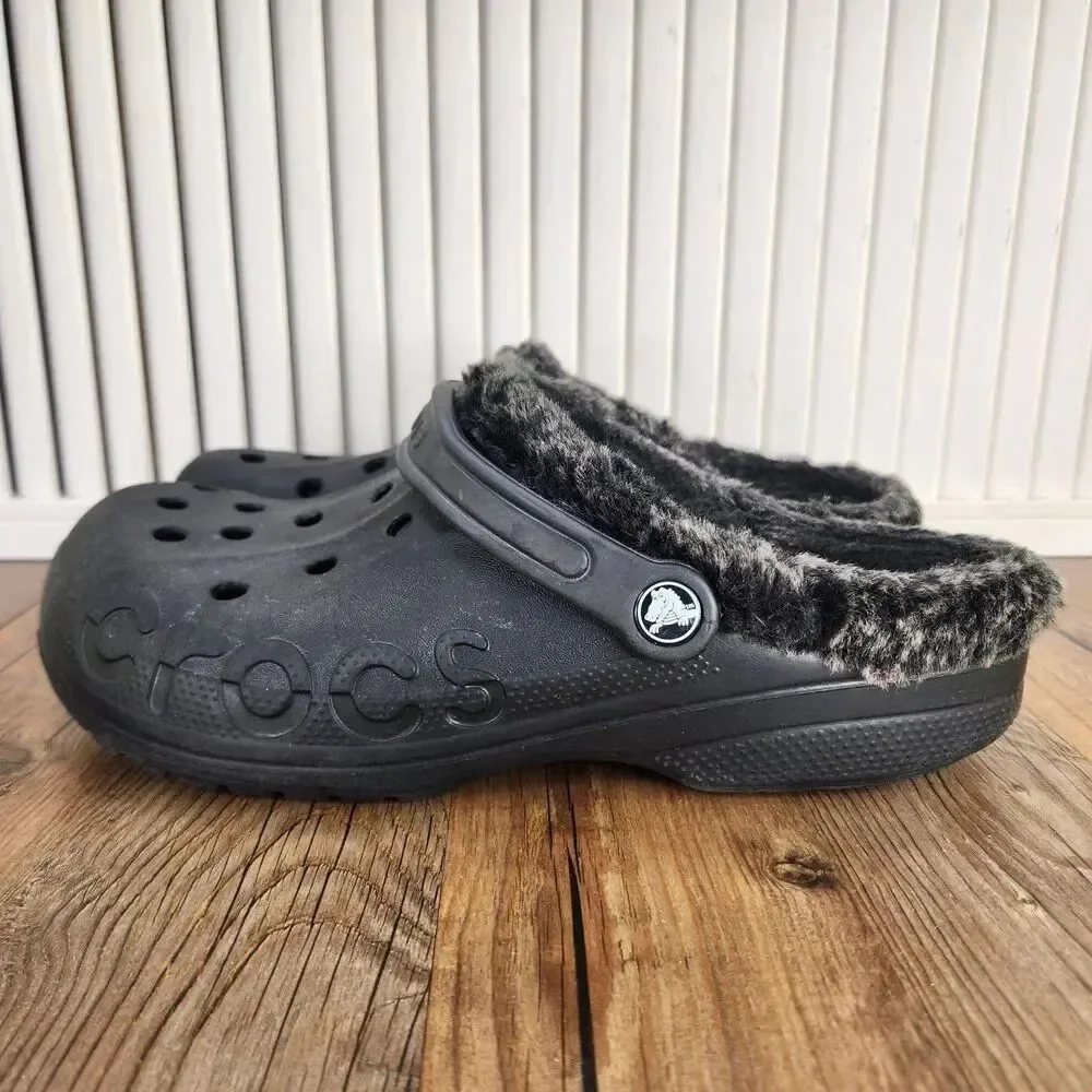Crocs Baya Lined Clogs Mens Sz 9 Black Faux Fur Fleece Lining Slip On Shoes